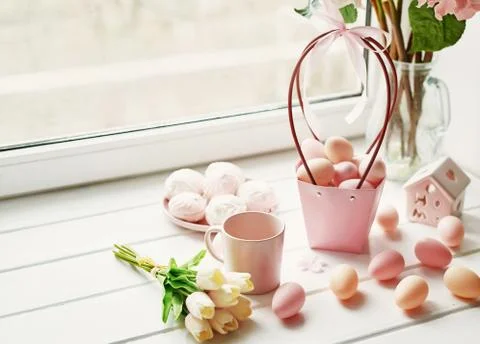 Spring and Easter holiday greeting card concept. Pink and white hydrangeas, y Stock Photos