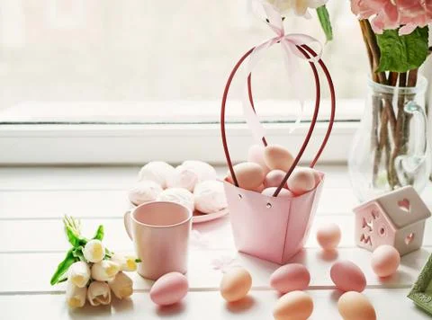 Spring and Easter holiday greeting card concept. Pink and white hydrangeas, y Stock Photos