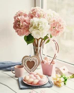 Spring and Easter holiday greeting card concept. Pink and white hydrangeas in Stock Photos