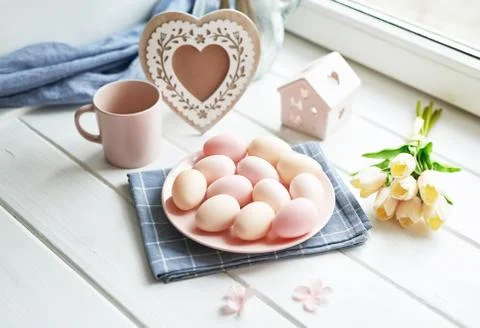 Spring and Easter holiday greeting card concept. Pink and white hydrangeas, y Stock Photos