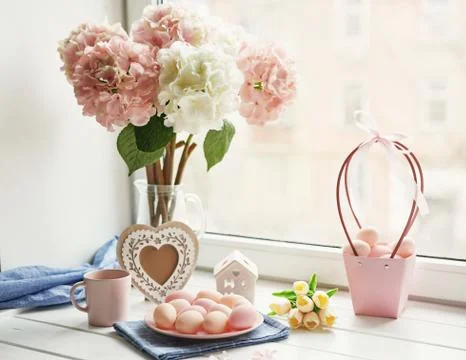 Spring and Easter holiday greeting card concept. Pink and white hydrangeas in Stock Photos