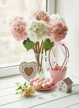 Spring and Easter holiday greeting card concept. Pink and white hydrangeas in Stock Photos