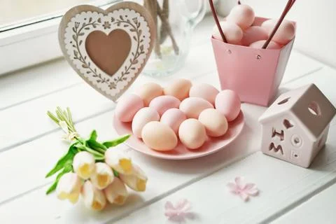 Spring and Easter holiday greeting card concept. Pink and white hydrangeas, y Stock Photos