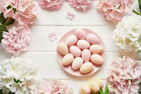 Spring and Easter holiday greeting card concept. Pink and white hydrangeas, y Stock Photos