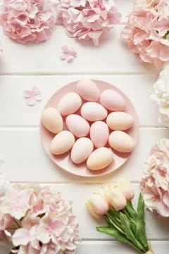 Spring and Easter holiday greeting card concept. Pink and white hydrangeas, y Stock Photos