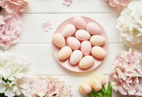 Spring and Easter holiday greeting card concept. Pink and white hydrangeas, y Stock Photos