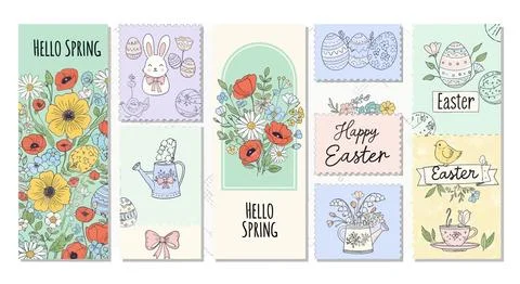 Spring and Easter Illustration Set: Flowers, Bunnies, Eggs, and Watering Ca.. Ilustração Stock