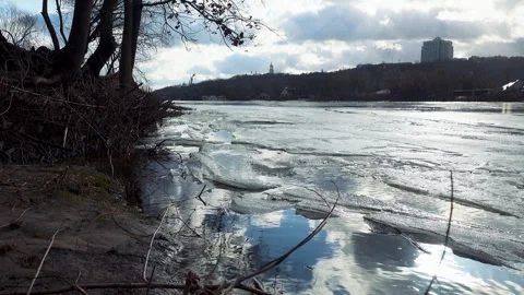 Spring and melting ice on Dnipro river, Kyiv, Ukraine Video stock 263769973