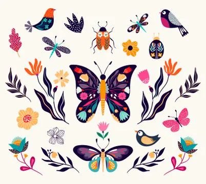 Spring and summer  collection with decorative butterflies, birds and flowers Stock Illustration
