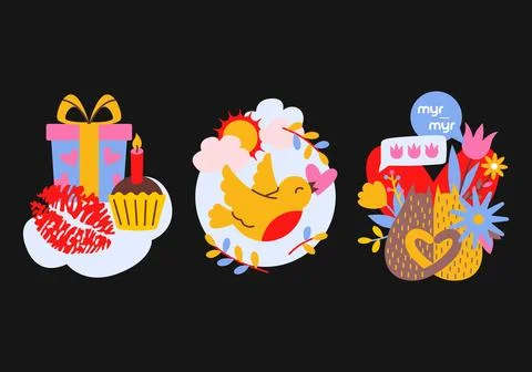 Spring and summer set of holiday compositions in retro cartoon style. Stock Illustration