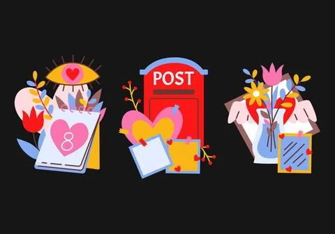 Spring and summer set of holiday compositions in retro cartoon style. Stock Illustration