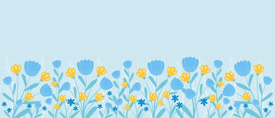 Spring backdrop with border of blooming flowers and leaves in hand drawn styl Stock Illustration