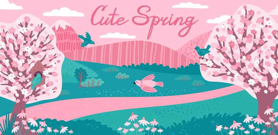 Spring backdrop. Cute park sakura tree background, pink cherry flower ground or Stock Illustration