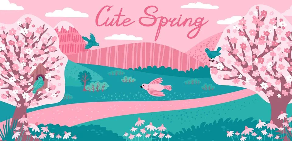 Spring backdrop. Cute park tree background, pink flower ground or japanese field Ilustração Stock