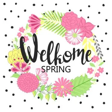 Spring background with beautiful flowers. Greeting card with hand drawn let.. Stock Illustration
