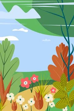 Spring background, Beautiful forest scene with flowers and woods , place for Stock Illustration