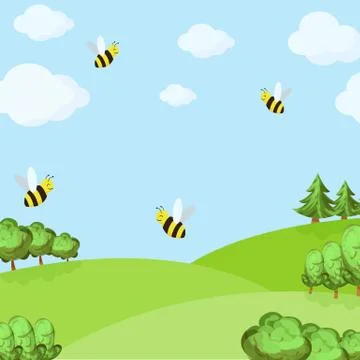 Spring background with bees in the field and blue sky. vector illustration Stock Illustration