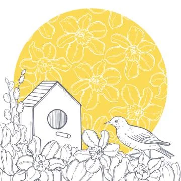Spring background with  bird and flowers. Stock Illustration