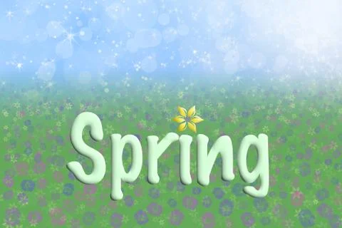 Spring background blue sky green grass flowers text Stock Illustration