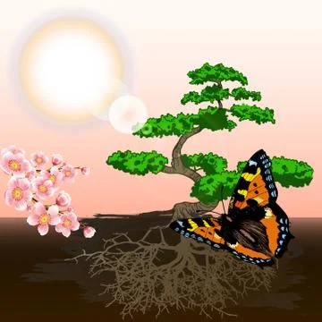 Spring background bonsai and cherry Stock Illustration