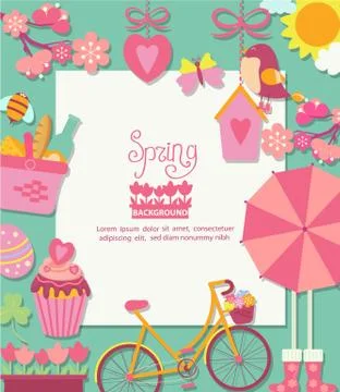Spring background with cute icons and frame Illustrazione stock