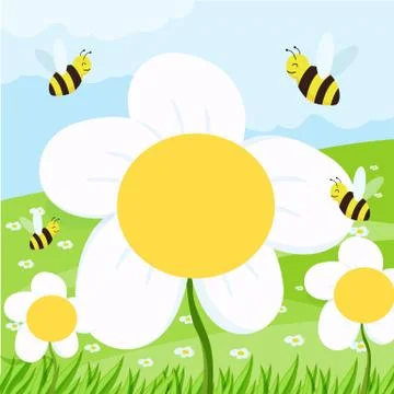 Spring background with daisies on the field and blue sky. vector illustration Stock Illustration