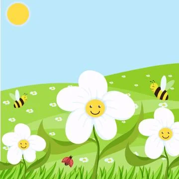 Spring background with daisies on the field and blue sky. vector illustration Illustrazione stock