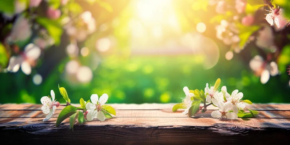 Spring background with empty wooden table. Natural template for product dis.. Foto stock