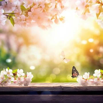 Spring background with empty wooden table. Natural template for product dis.. Foto stock