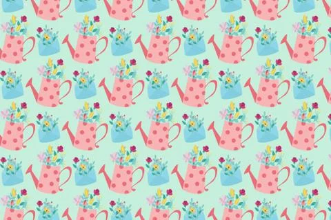 Spring background. Envelope with flowers and watering can. Stock Illustration