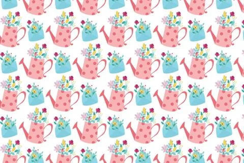 Spring background. Envelope with flowers and watering can. Stock Illustration