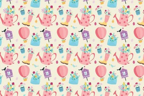 Spring background. Envelope with flowers, birdhouse and air hot balloon. Stock Illustration