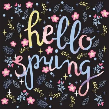 Spring background with flowers and hello spring text. Stock Illustration