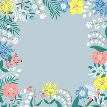 Spring background with flowers and leaves, plants and berries. Trendy abstr.. Illustrazione stock