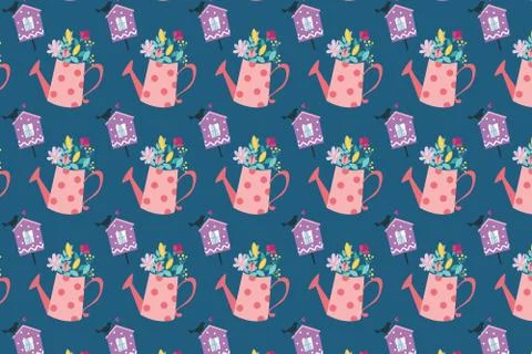 Spring background. Flowers, birdhouse and watering can. Illustrazione stock