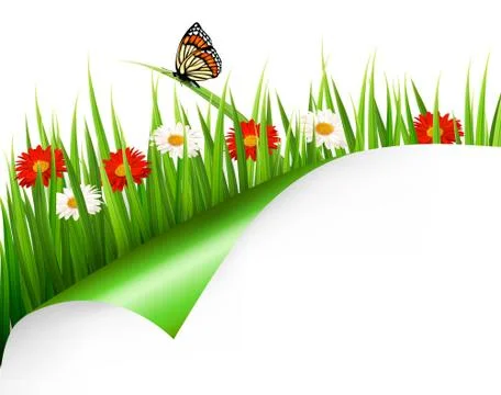 Spring background with flowers, grass and a butterfly. vector. Stock Illustration
