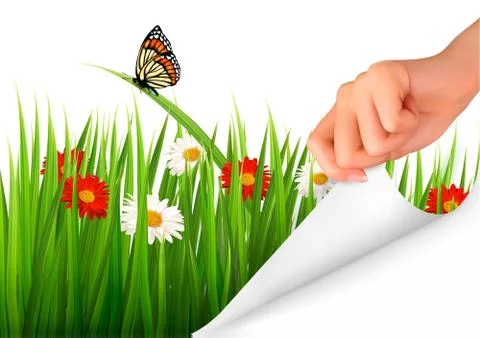 Spring background with flowers, grass and a hand. vector. Stock Illustration