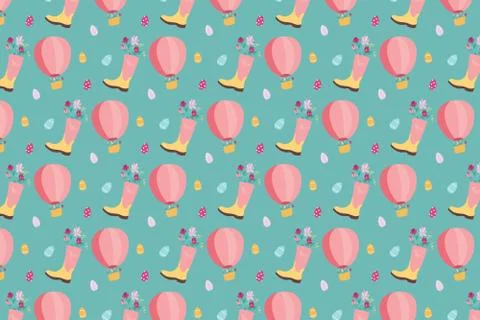 Spring background. Flowers in the pink rubber boot and air hot balloon. Stock Illustration