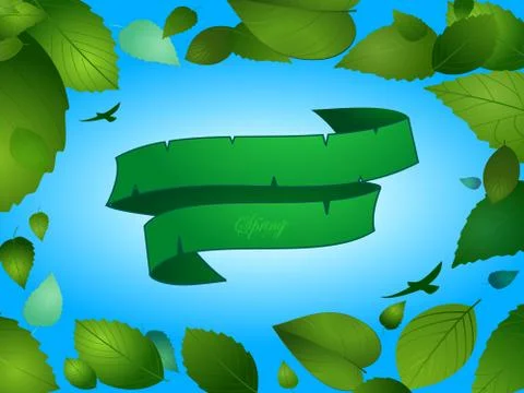 Spring background with green banner and leafs イラスト素材