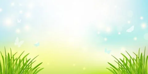 Spring background with green grass butterflies and clear blue sky in bright.. Stock Illustration