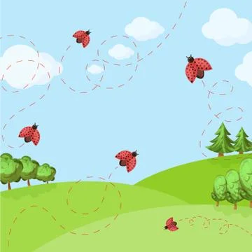 Spring background with ladybug on the field and blue sky. vector illustration Stock Illustration