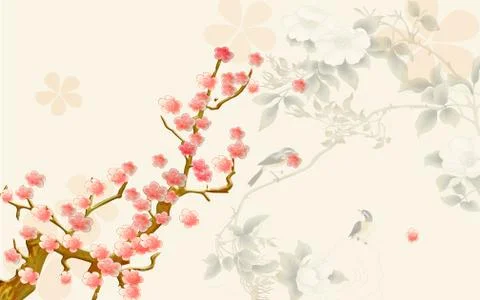 Spring background, painted cherry blossoms and birds Stock Illustration