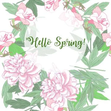 Spring  background  with pink peonies and flowers. Stock Illustration