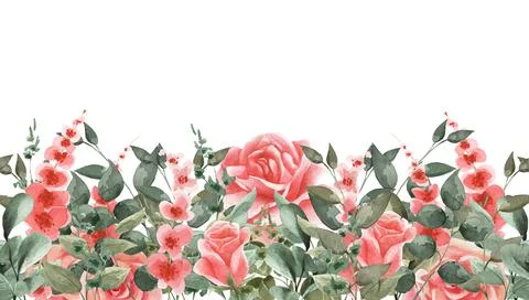 Spring background with pink roses, red flowers and green leaves. Watercolor i Stock Illustration