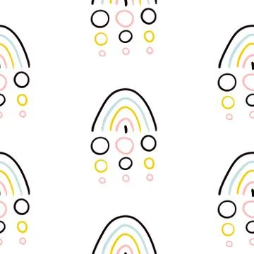 Spring background with rainbow and rain. Seamless childish pattern with hand Stock Illustration