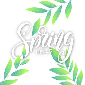 Spring. Background with script lettering Spring and fresh leaves Stock Illustration