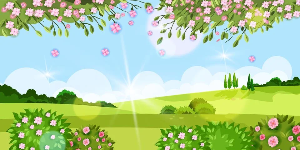 Spring background, summer vector flower landscape with grass, trees, meadow Stock Illustration