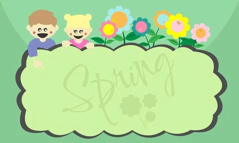 Spring background with two children and copy space area. 스톡 일러스트