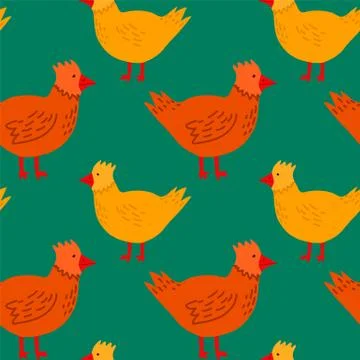 Spring background of yellow and red hens. Cartoon pattern with cute pet birds 스톡 일러스트