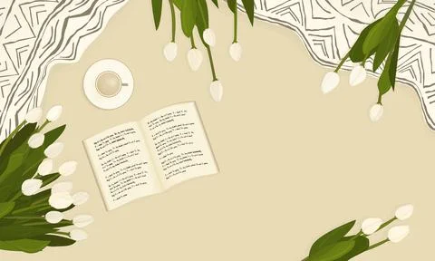 Spring banner, beige background. Open fictional nonexistent book for reading, Stock Illustration